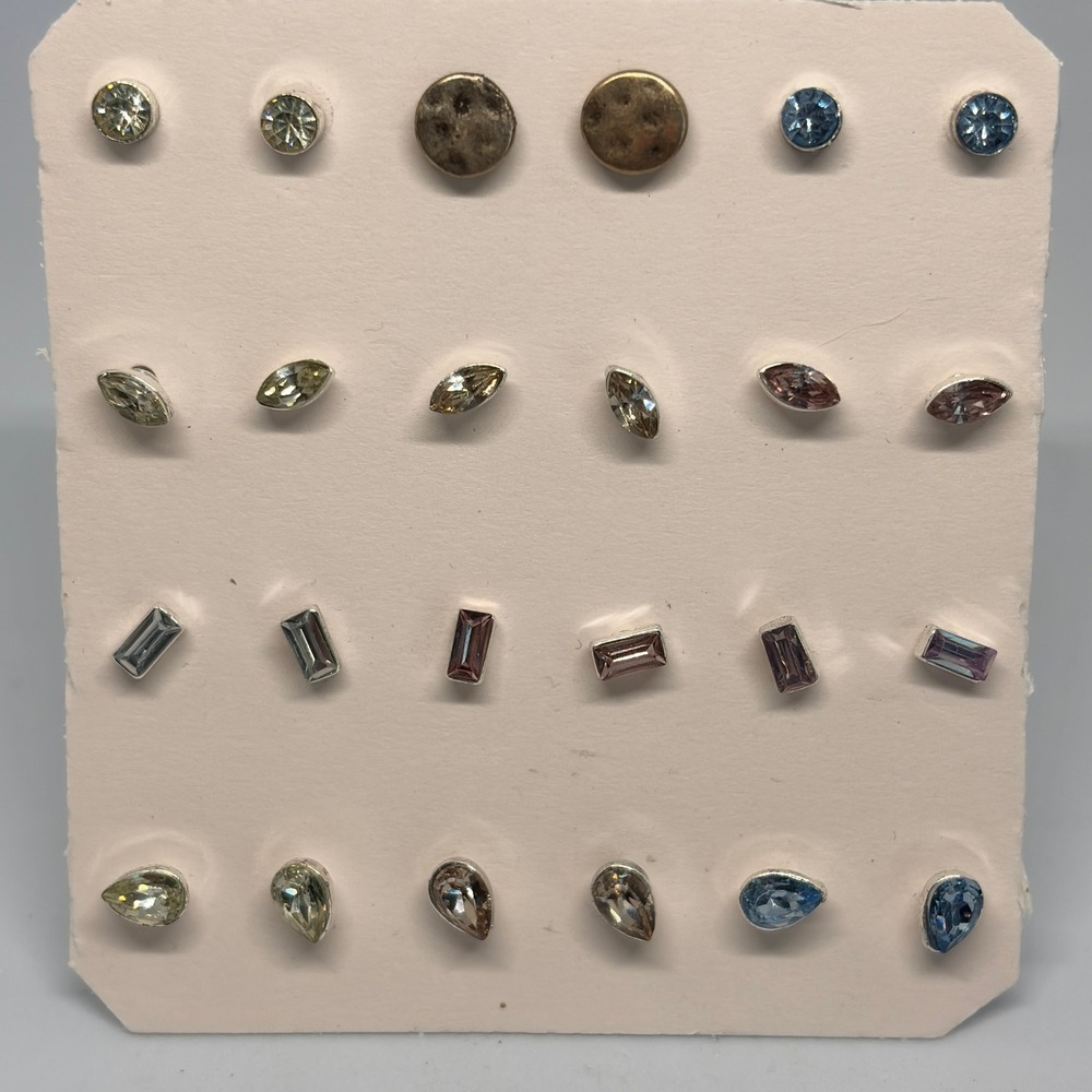 Earring Lot 12 Pairs Vintage Rhinestone Studs Blue Green Mixed Cuts Silver Tone